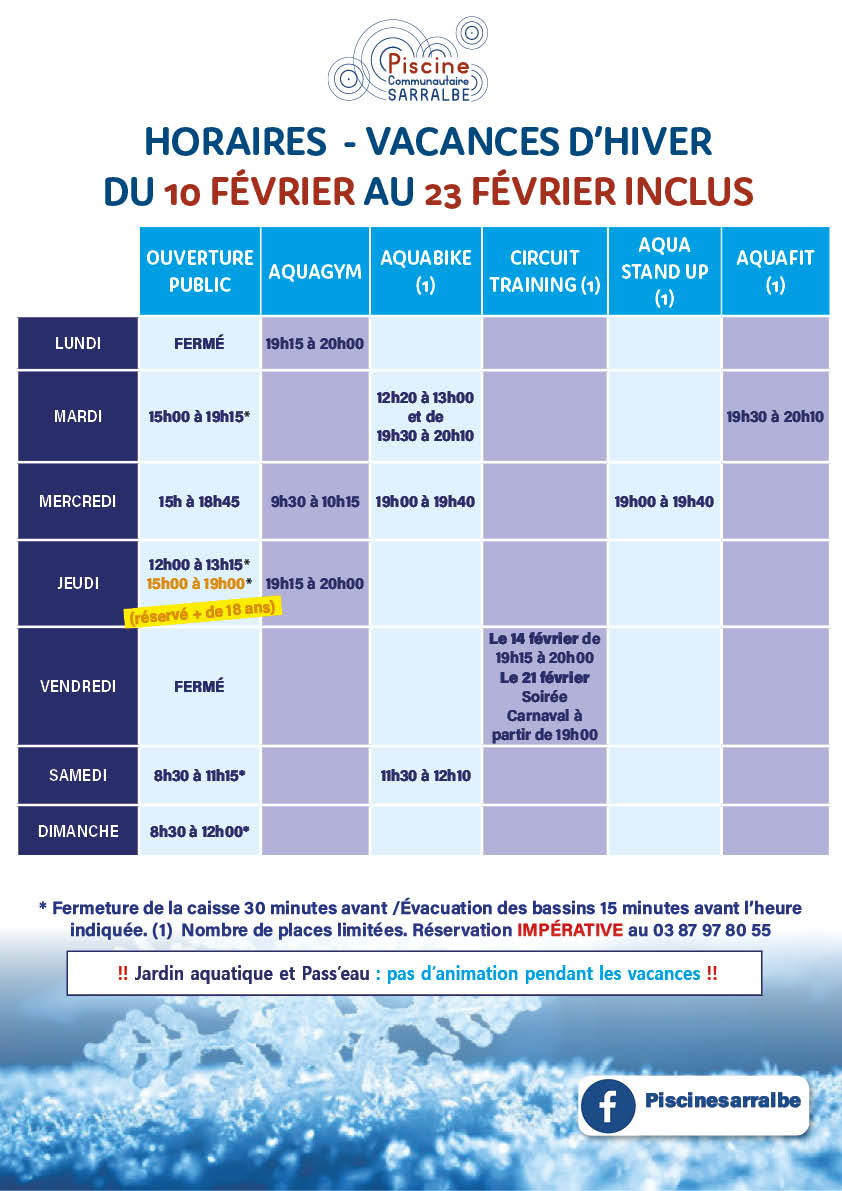 PISCINE DE SARRALBE : HORAIRES D’OUVERTURE – VACANCES D’HIVER